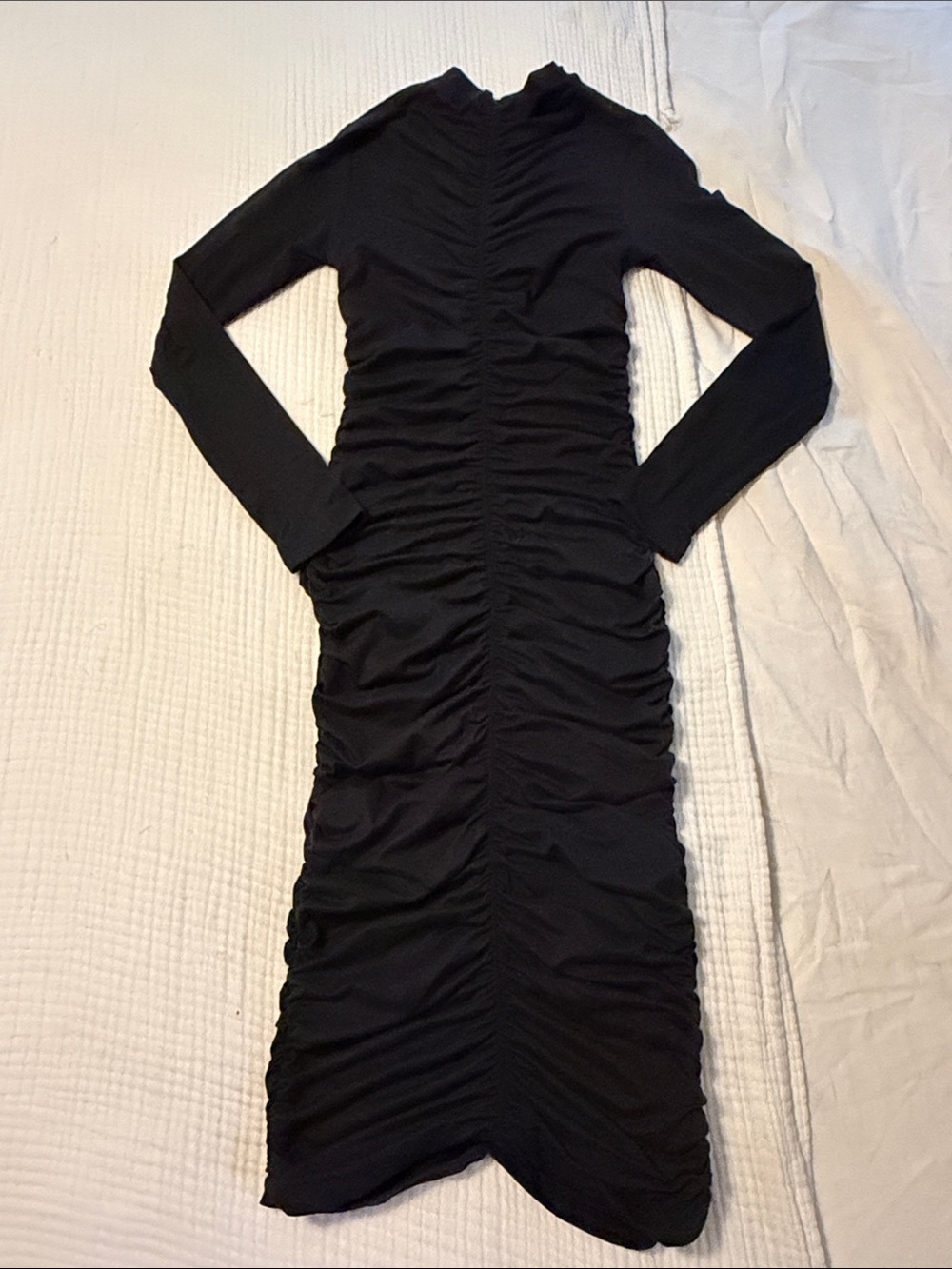 Ruched Black Long-Sleeve Midi Dress